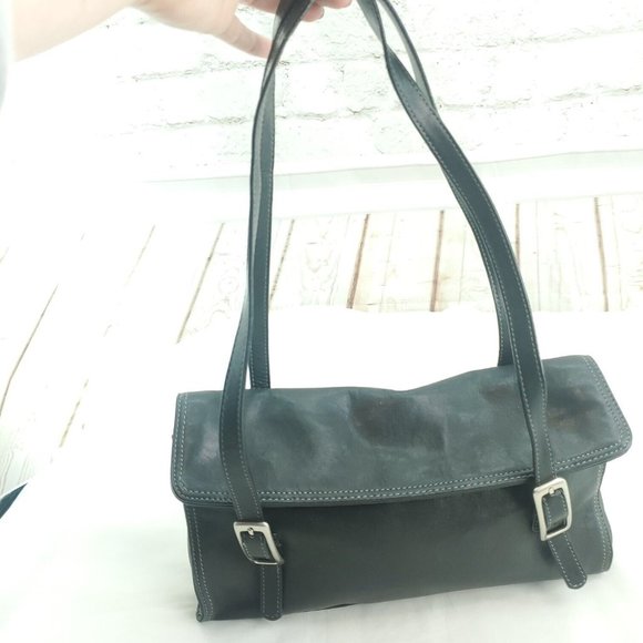 Tignanello Womens Black Leather Double Handles Buckle Straps Shoulder Bag - Picture 2 of 14